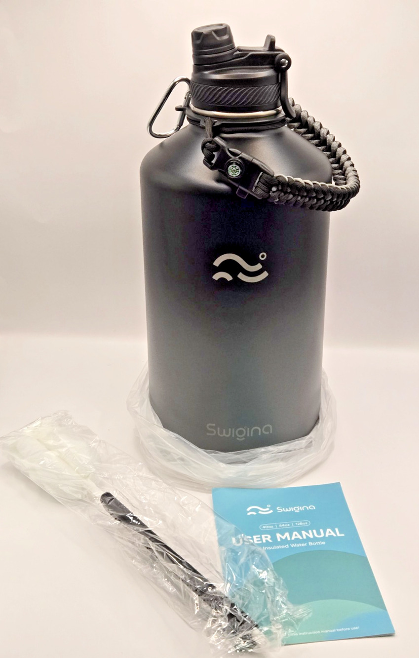 Swigina 128oz Insulated Water Bottle Black – Paracord Handle, Brush, Box Damage